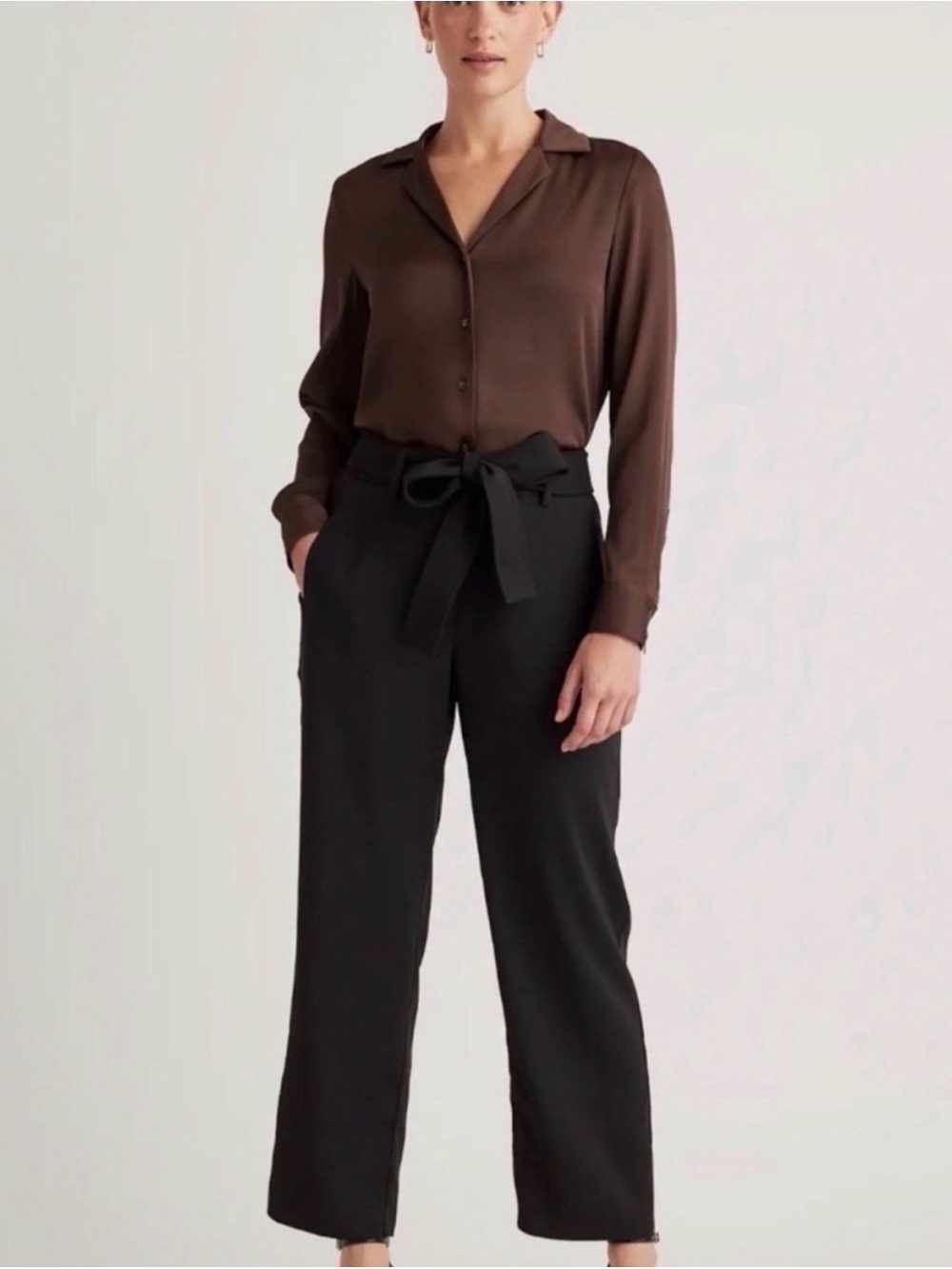 QUINCE Stretch Crepe Paperbag Pants Slacks 10 Tie Belt Ankle High Waist Classic